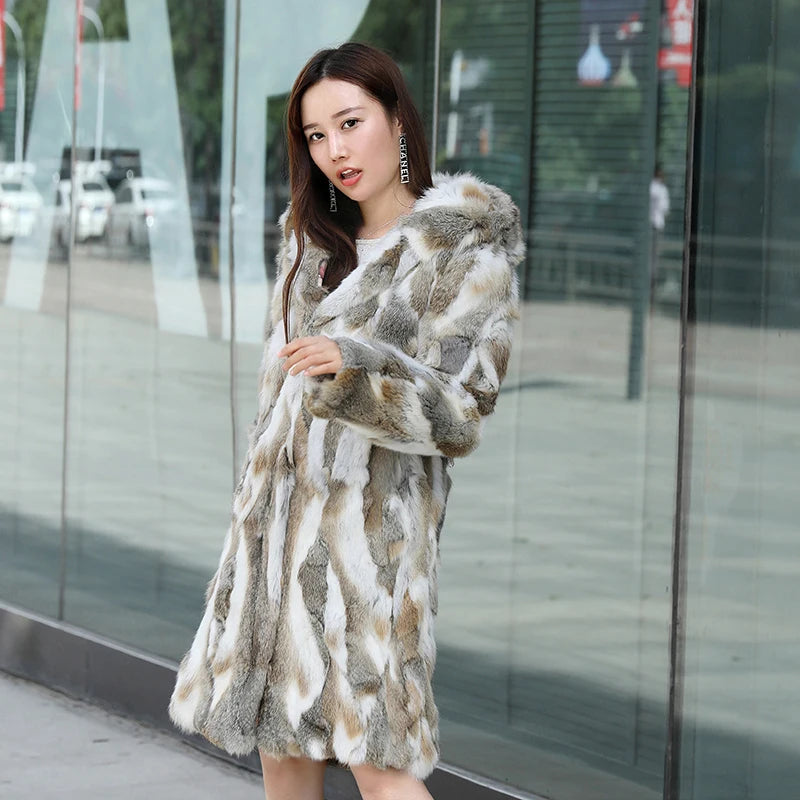 New Real genuine natural rabbit fur coat with hood women's fashion fur jacket outwear custom any size Free shipping