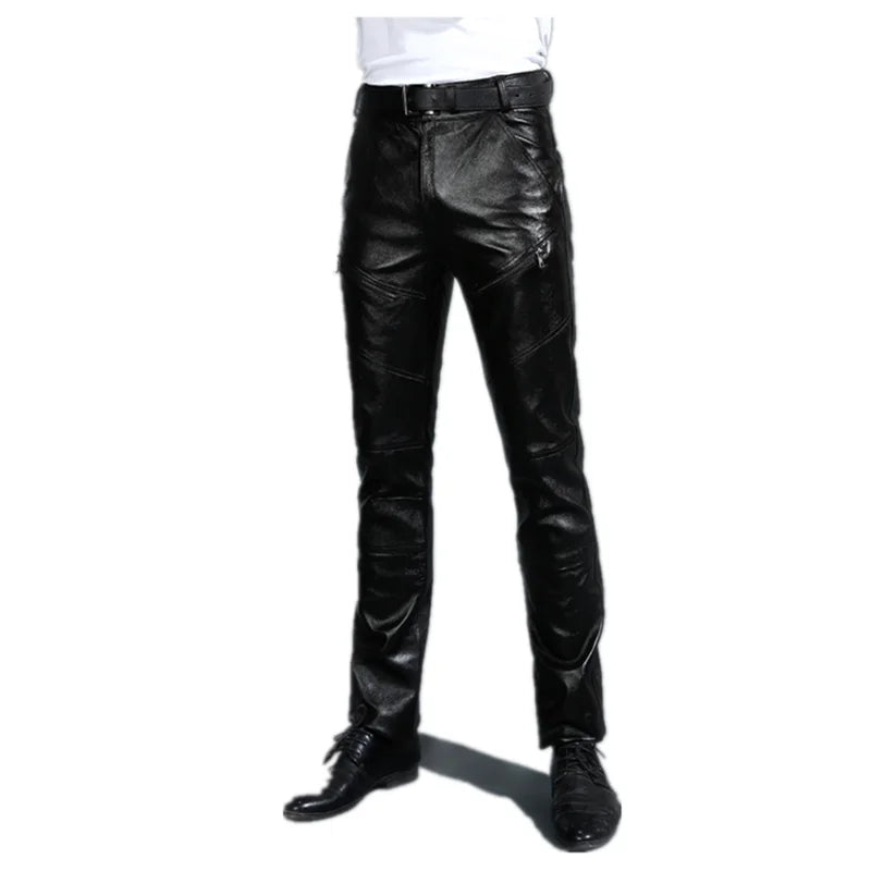 Youth Men's Genuine Leather Pants with Fleece Thickened Autumn Winter First Layer Cowhide Goatskin Pants for Warmth And Style
