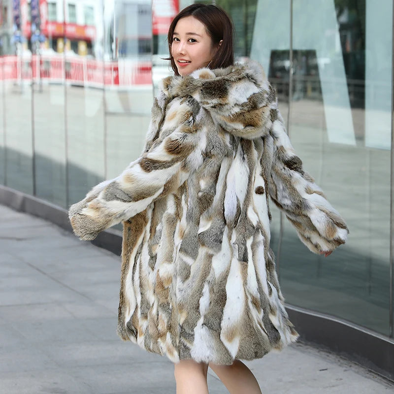 New Real genuine natural rabbit fur coat with hood women's fashion fur jacket outwear custom any size Free shipping