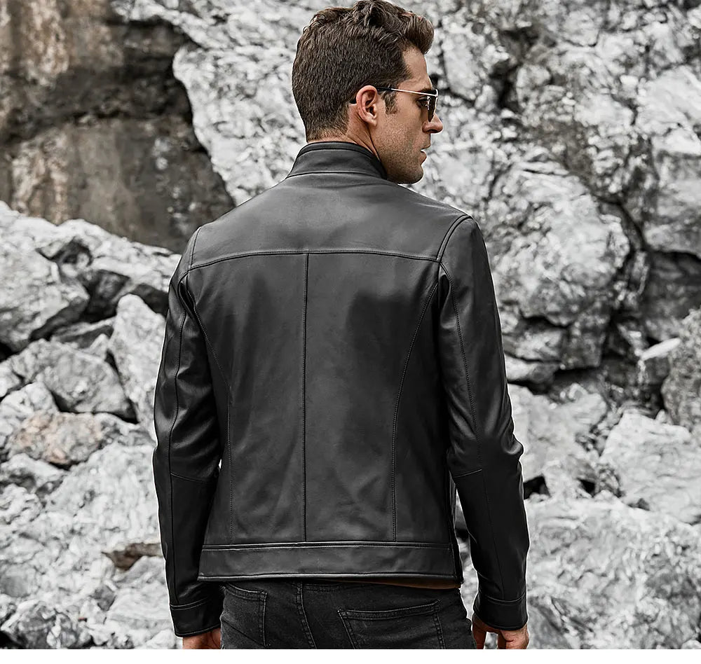 FLAVOR Men's Real Leather Jacket Men Slim Fit Warm Coat Motorcycle Lambskin Standing Collar Genuine Leather Coat