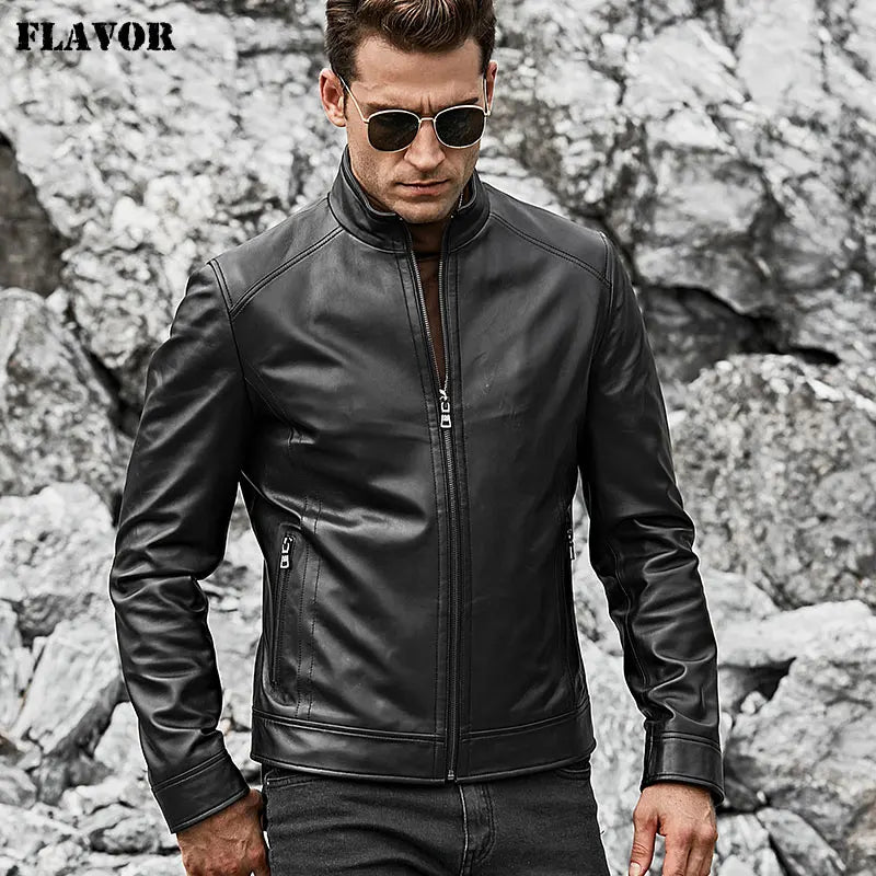 FLAVOR Men's Real Leather Jacket Men Slim Fit Warm Coat Motorcycle Lambskin Standing Collar Genuine Leather Coat
