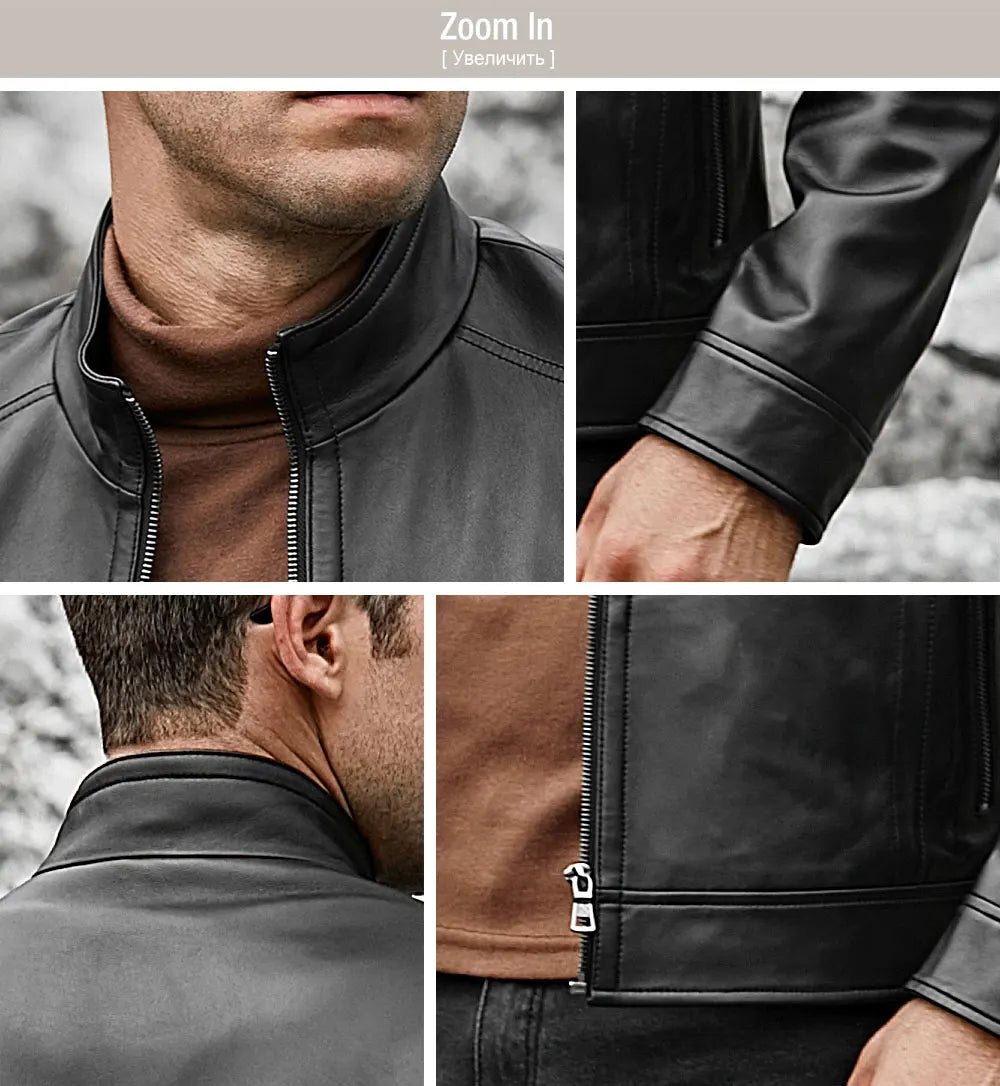 FLAVOR Men's Real Leather Jacket Men Slim Fit Warm Coat Motorcycle Lambskin Standing Collar Genuine Leather Coat