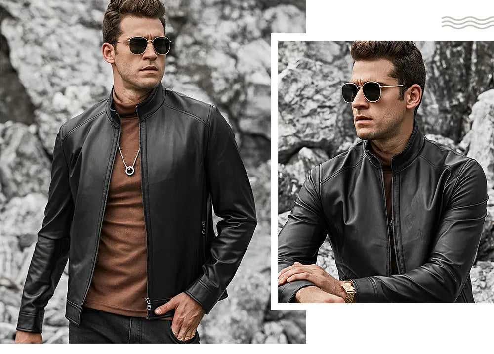 FLAVOR Men's Real Leather Jacket Men Slim Fit Warm Coat Motorcycle Lambskin Standing Collar Genuine Leather Coat