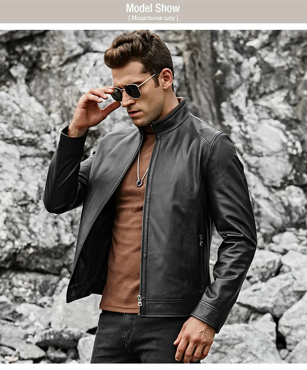 FLAVOR Men's Real Leather Jacket Men Slim Fit Warm Coat Motorcycle Lambskin Standing Collar Genuine Leather Coat
