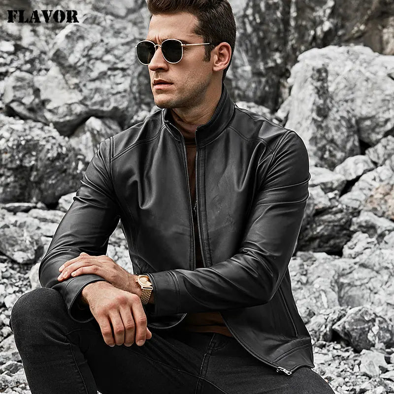 FLAVOR Men's Real Leather Jacket Men Slim Fit Warm Coat Motorcycle Lambskin Standing Collar Genuine Leather Coat