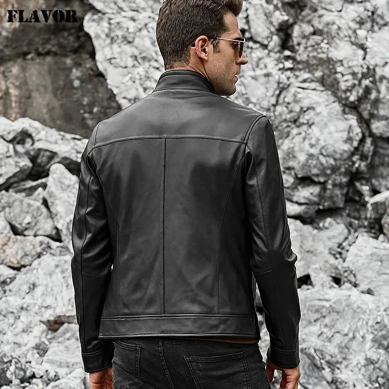 FLAVOR Men's Real Leather Jacket Men Slim Fit Warm Coat Motorcycle Lambskin Standing Collar Genuine Leather Coat