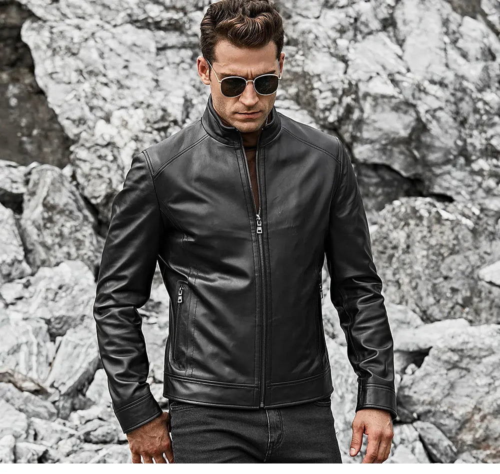 FLAVOR Men's Real Leather Jacket Men Slim Fit Warm Coat Motorcycle Lambskin Standing Collar Genuine Leather Coat