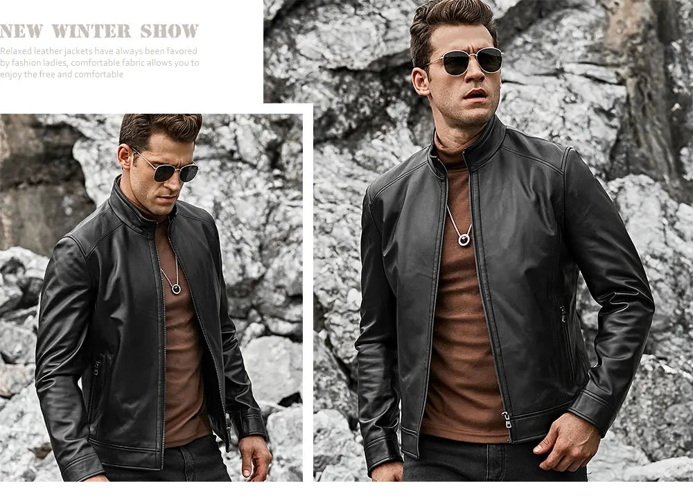FLAVOR Men's Real Leather Jacket Men Slim Fit Warm Coat Motorcycle Lambskin Standing Collar Genuine Leather Coat