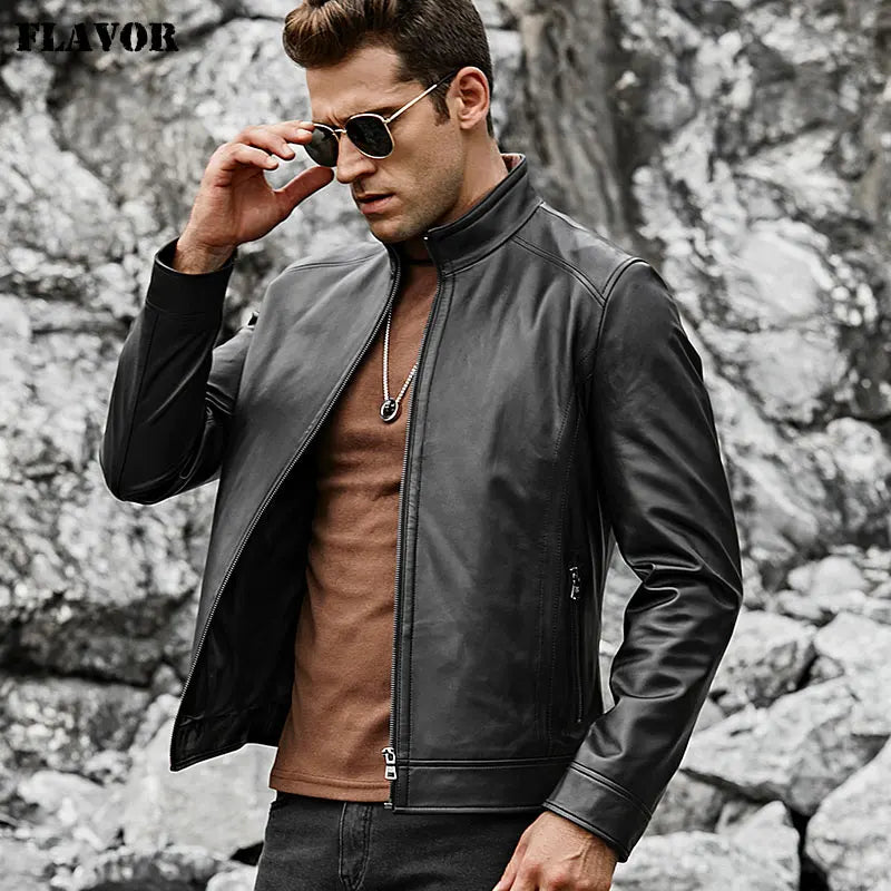FLAVOR Men's Real Leather Jacket Men Slim Fit Warm Coat Motorcycle Lambskin Standing Collar Genuine Leather Coat