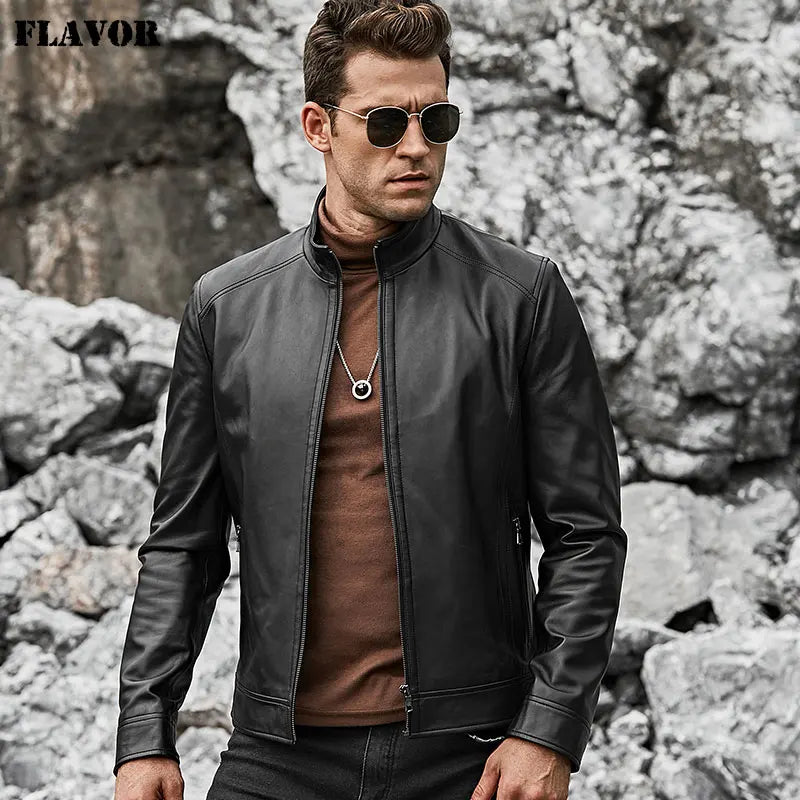 FLAVOR Men's Real Leather Jacket Men Slim Fit Warm Coat Motorcycle Lambskin Standing Collar Genuine Leather Coat