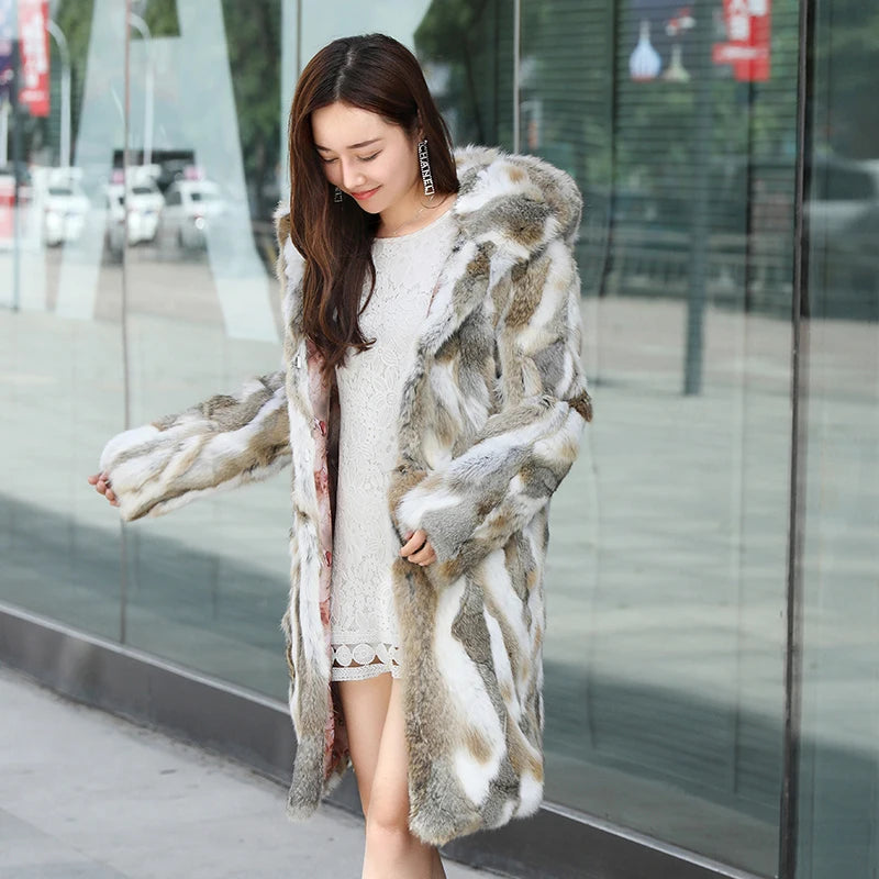 New Real genuine natural rabbit fur coat with hood women's fashion fur jacket outwear custom any size Free shipping