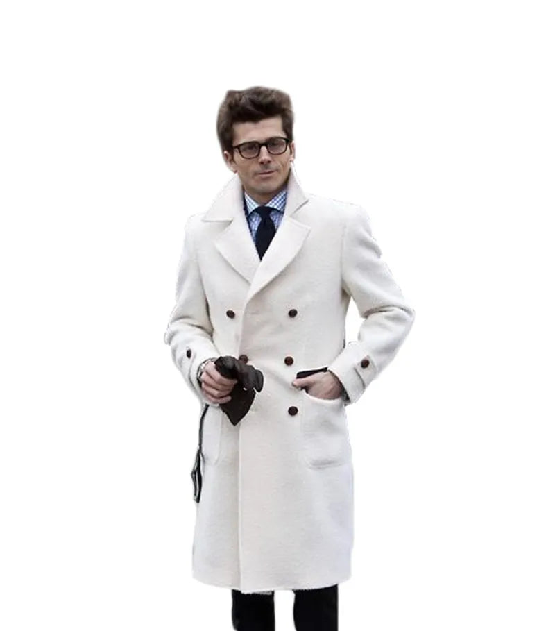Solid White England Style Woolen Overcoat Men's Thick Plus Double-Breasted Long Coat Casual Winter Fashion Warm Jacket