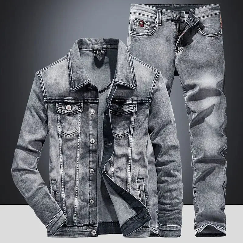 Spring Autumn Men's Denim Suit Loose Fit Plus Size Korean Trendy Two-Piece Student Versatile Outerwear Casual Jacket
