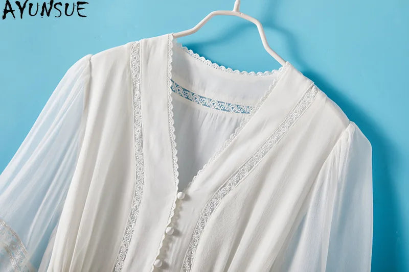 AYUNSUE 100% Mulberry Silk Womens Dress Mid Length White Dresses for Woman Clothes Summer Elegant Dress 2025 Vestidos De Mujer