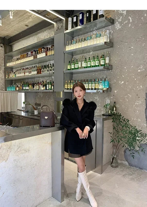 2024 Luxury Loose  Autumn Winter Fox Fur Collar Hooded Wool Cashmere Coat Women's Mid-length Woolen Jacket Outerwear Streetwear