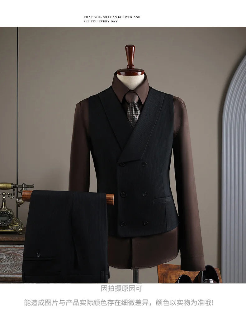 High Quality Mens Suit Formal Business Slim Fit Double-breasted Striped Suit Set Groom Wedding Dress Party Tuxedo Men's Clothing