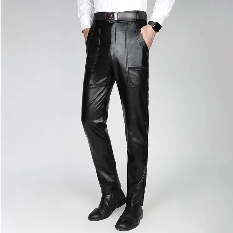 Men's Thickened Leather Pants with Detachable Warm Fleece Liner Genuine Cowhide Goatskin for Autumn And Winter