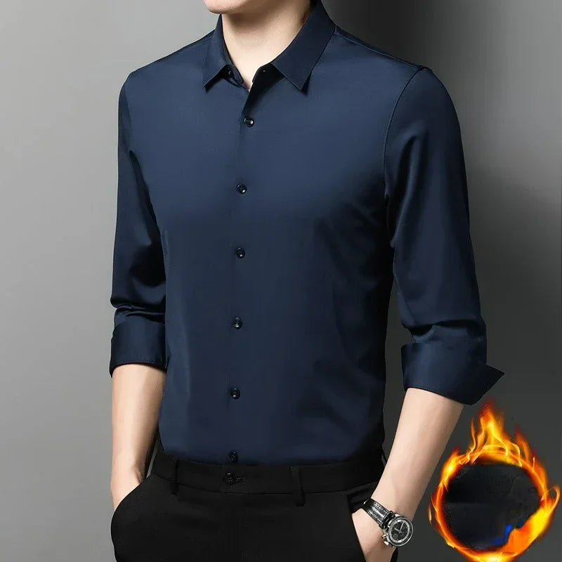 Tcyeek  Mulberry Silk Long Sleeve Shirt for Men 1808 Autumn and Winter Plush Thickened Business Silk Shirts Men's Clothing