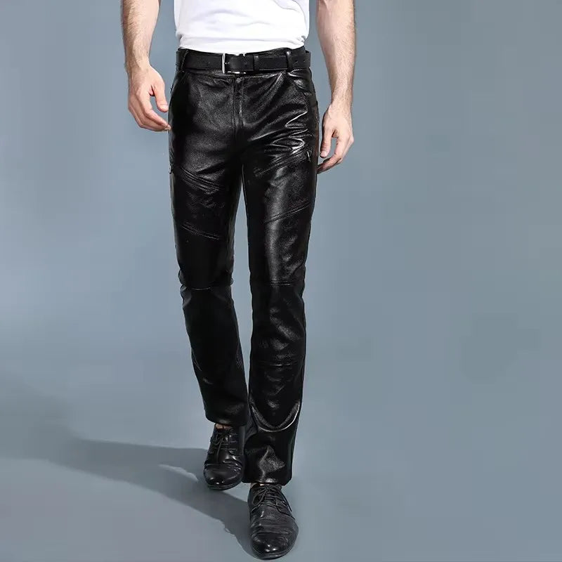 Youth Men's Genuine Leather Pants with Fleece Thickened Autumn Winter First Layer Cowhide Goatskin Pants for Warmth And Style