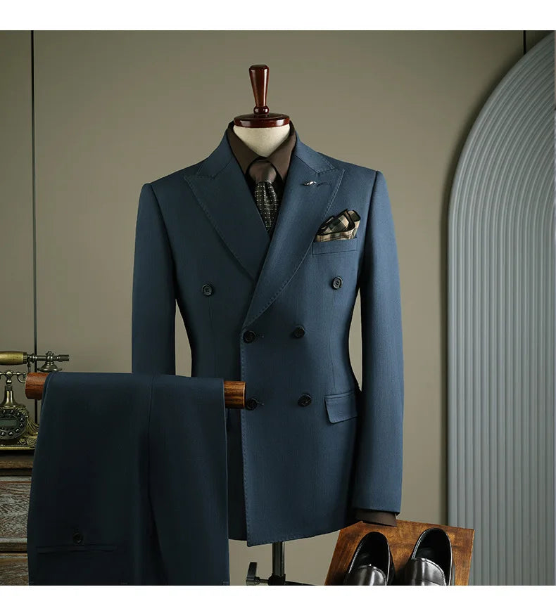 High Quality Mens Suit Formal Business Slim Fit Double-breasted Striped Suit Set Groom Wedding Dress Party Tuxedo Men's Clothing