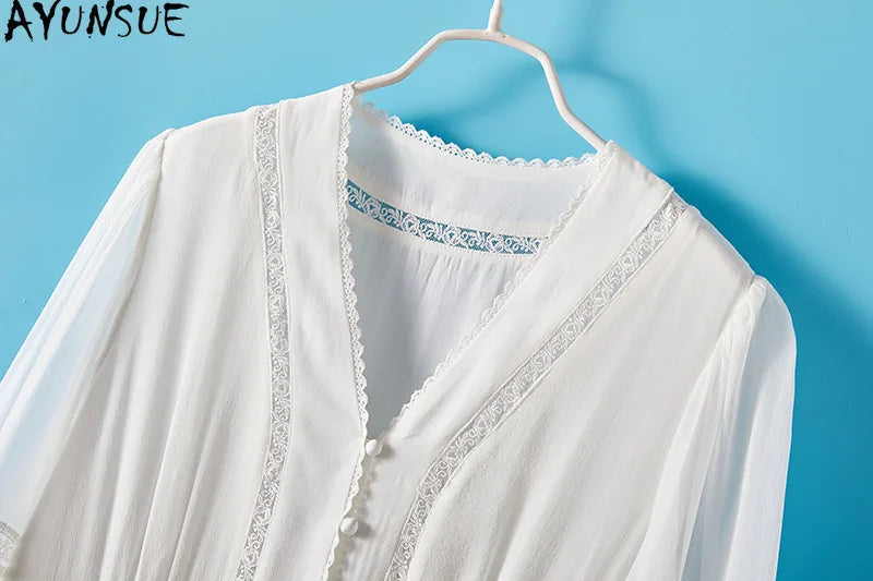 AYUNSUE 100% Mulberry Silk Womens Dress Mid Length White Dresses for Woman Clothes Summer Elegant Dress 2025 Vestidos De Mujer