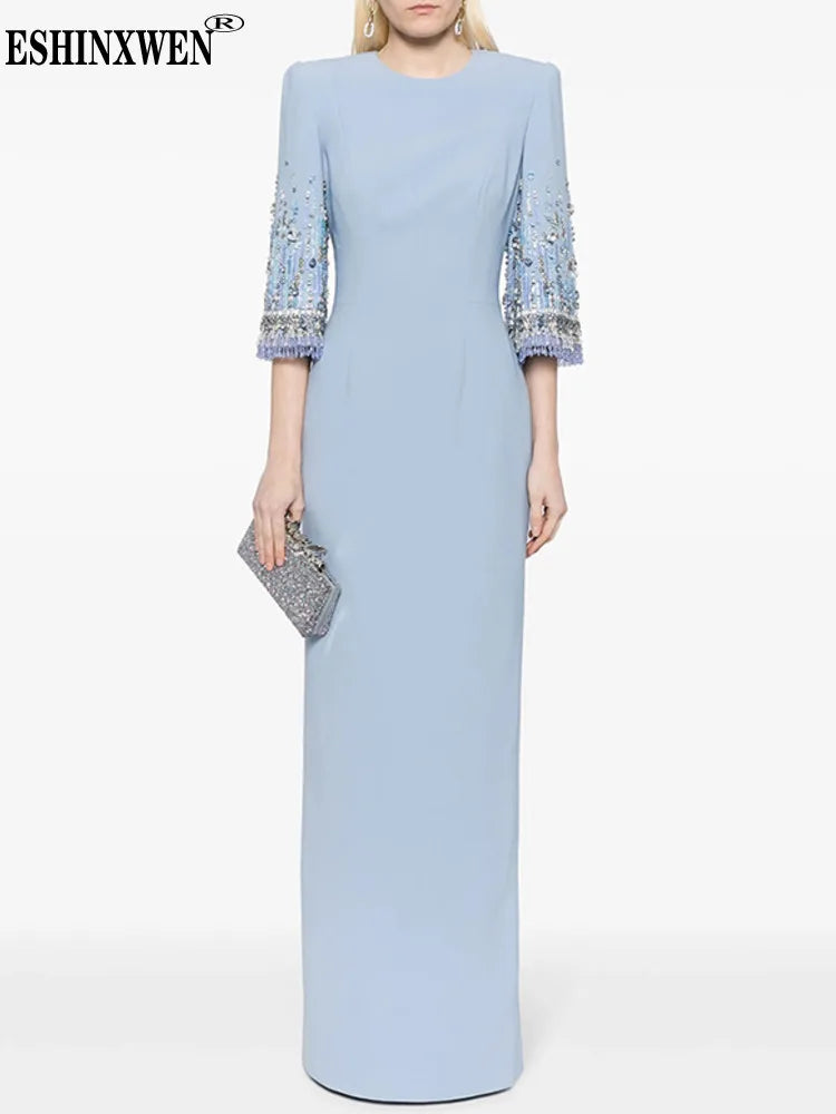 Eshin Women's Light Blue Embellished Maxi Dress Elegant Round Neck Formal Evening Gown Three Quarter Sleeve Beaded SA21