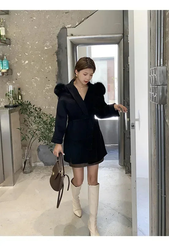 2024 Luxury Loose  Autumn Winter Fox Fur Collar Hooded Wool Cashmere Coat Women's Mid-length Woolen Jacket Outerwear Streetwear