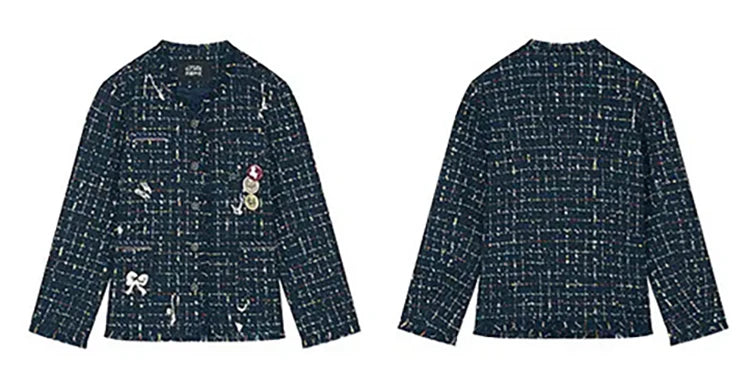 ELFSACK 2025 Autumn New Arrival Elegant French Tweed Premium Brooch Decor Blazer Jacket For Woman