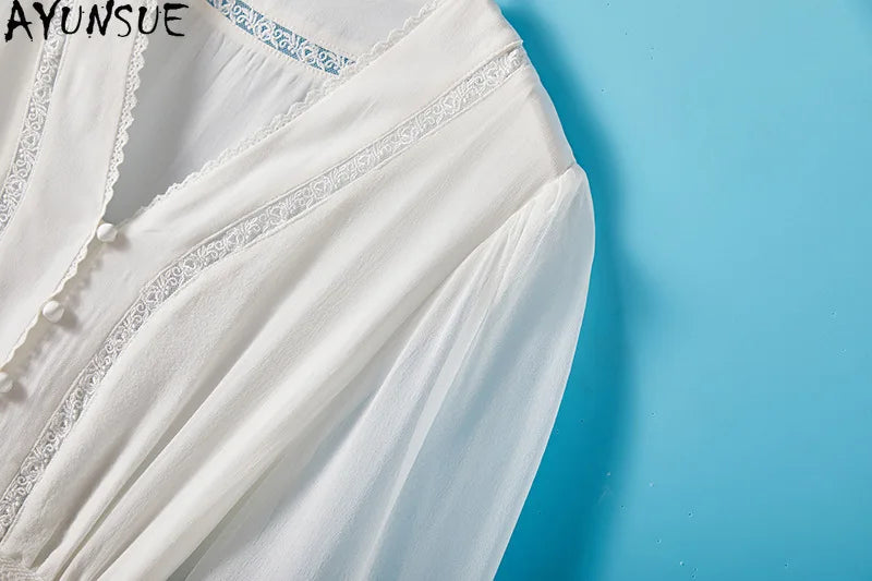 AYUNSUE 100% Mulberry Silk Womens Dress Mid Length White Dresses for Woman Clothes Summer Elegant Dress 2025 Vestidos De Mujer