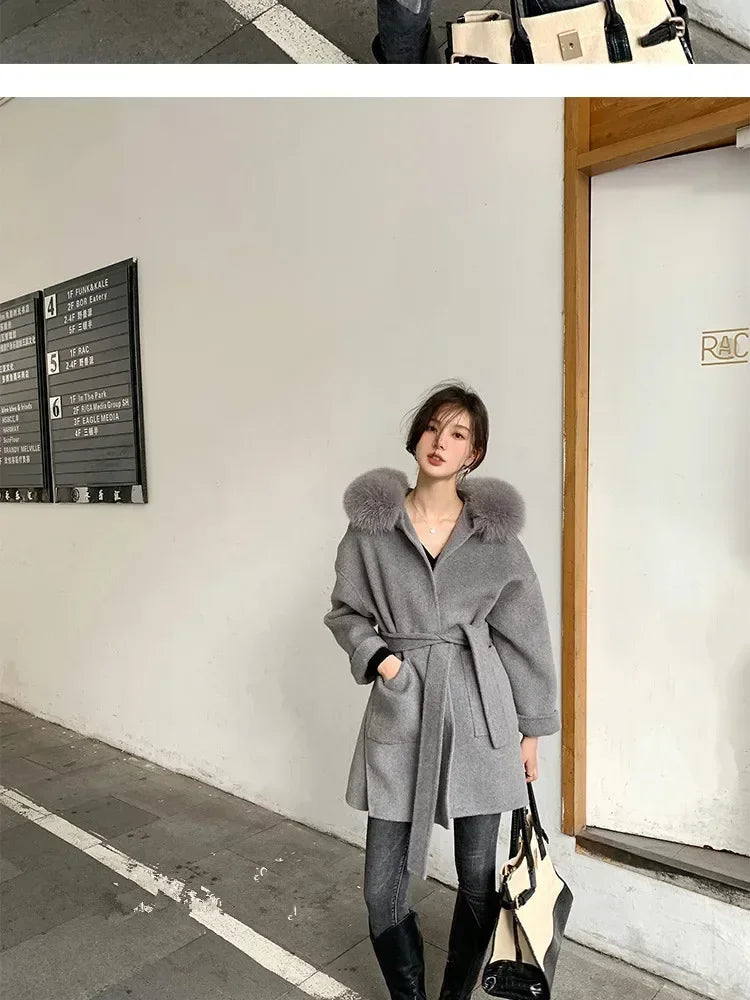 2024 Luxury Loose  Autumn Winter Fox Fur Collar Hooded Wool Cashmere Coat Women's Mid-length Woolen Jacket Outerwear Streetwear
