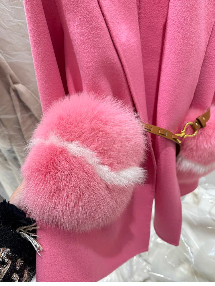 2025 New Women Winter Cashmere Wool Woolen Jacket Real Natural Fox Fur Pocket Coat Ladies Outwear Luxury Jacket