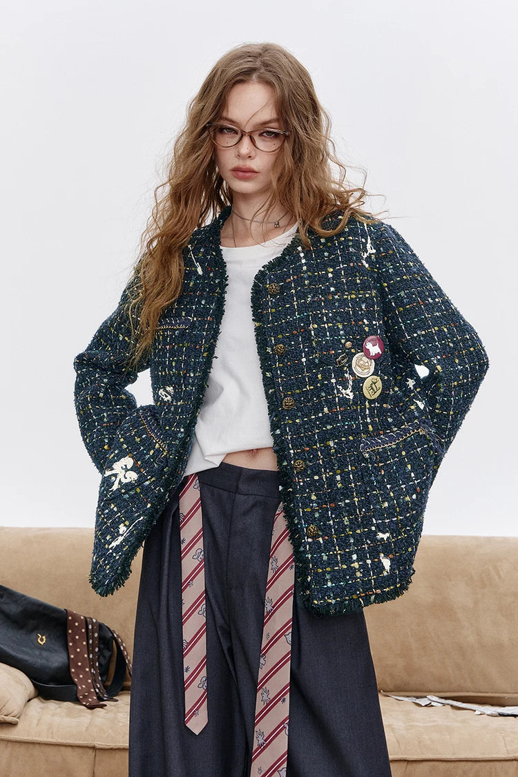 ELFSACK 2025 Autumn New Arrival Elegant French Tweed Premium Brooch Decor Blazer Jacket For Woman