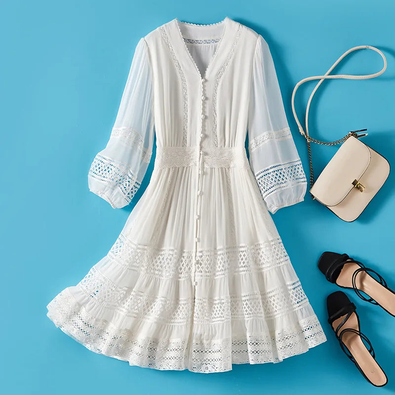 AYUNSUE 100% Mulberry Silk Womens Dress Mid Length White Dresses for Woman Clothes Summer Elegant Dress 2025 Vestidos De Mujer