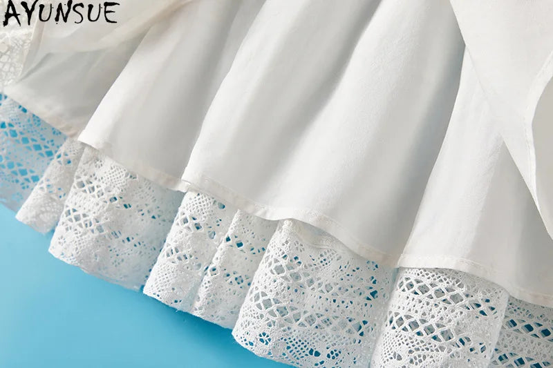 AYUNSUE 100% Mulberry Silk Womens Dress Mid Length White Dresses for Woman Clothes Summer Elegant Dress 2025 Vestidos De Mujer