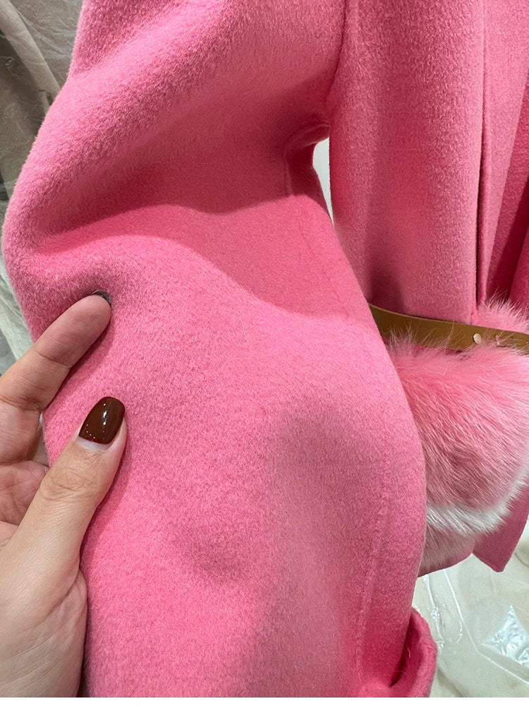 2025 New Women Winter Cashmere Wool Woolen Jacket Real Natural Fox Fur Pocket Coat Ladies Outwear Luxury Jacket