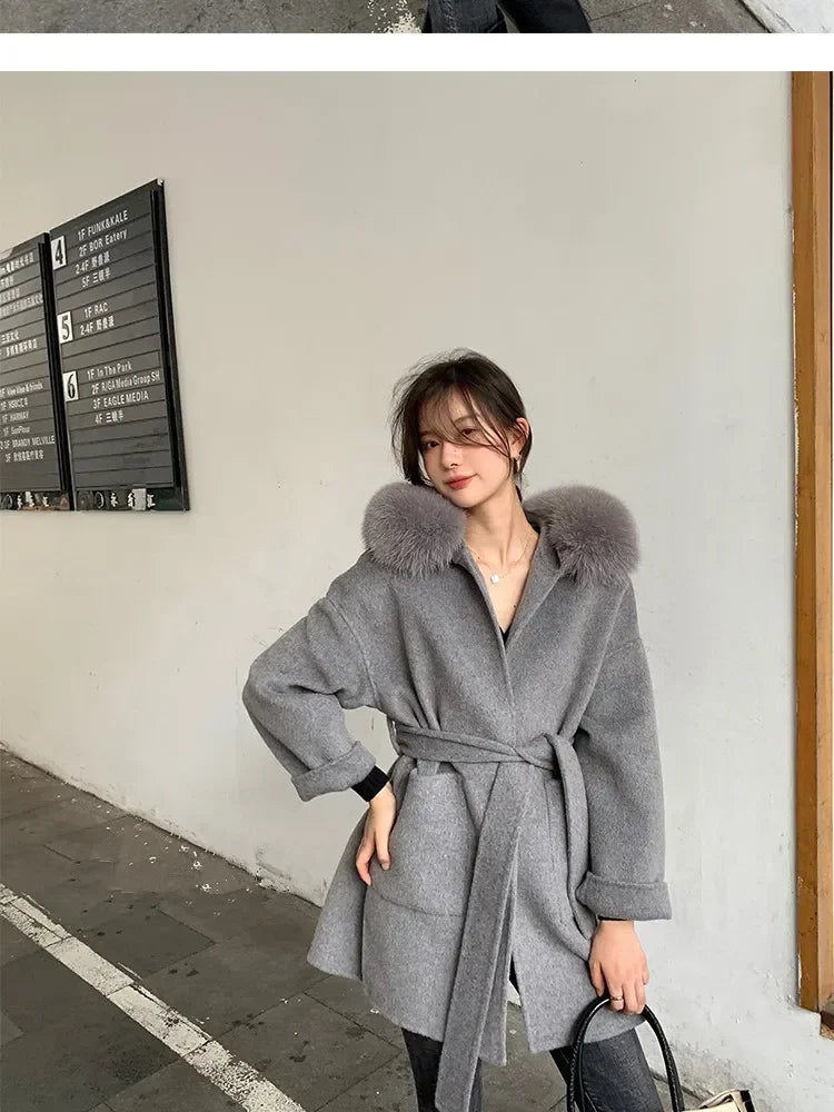 2024 Luxury Loose  Autumn Winter Fox Fur Collar Hooded Wool Cashmere Coat Women's Mid-length Woolen Jacket Outerwear Streetwear