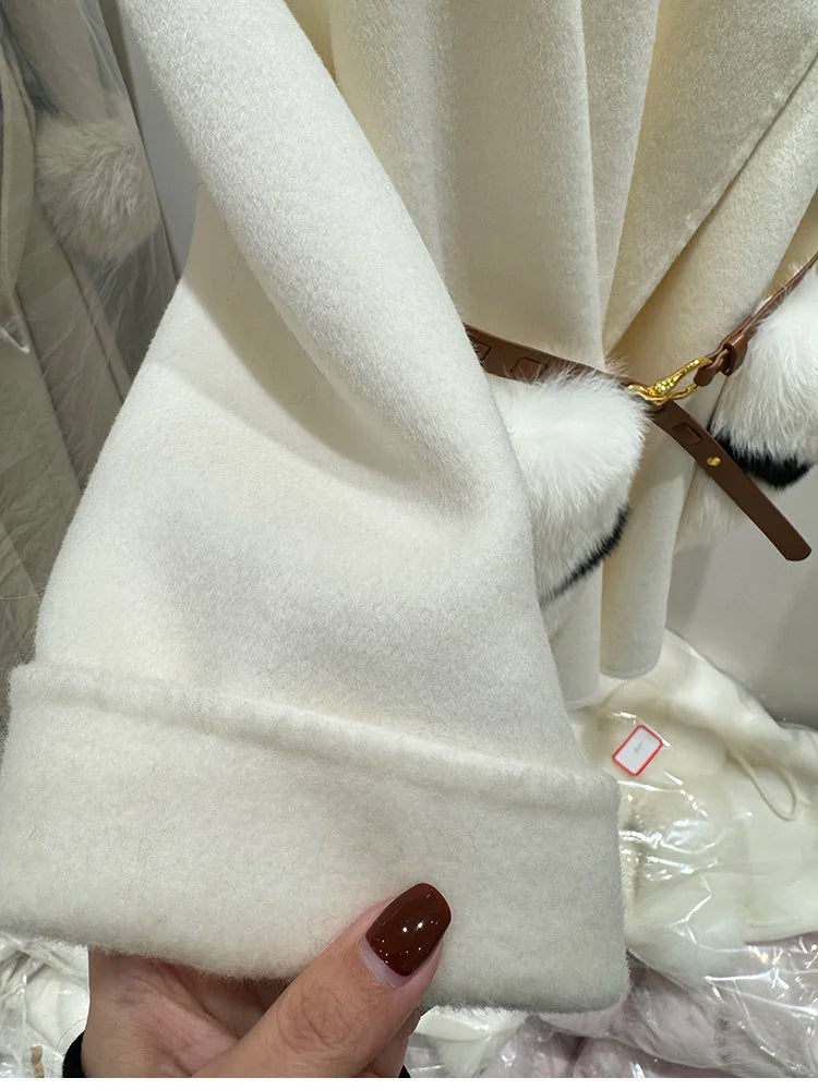 2025 New Women Winter Cashmere Wool Woolen Jacket Real Natural Fox Fur Pocket Coat Ladies Outwear Luxury Jacket