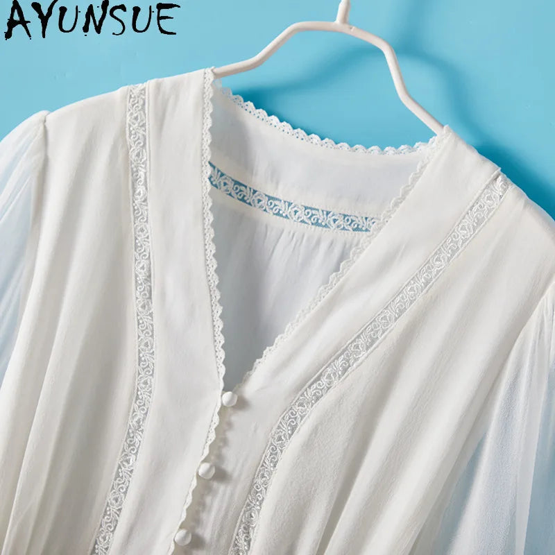 AYUNSUE 100% Mulberry Silk Womens Dress Mid Length White Dresses for Woman Clothes Summer Elegant Dress 2025 Vestidos De Mujer