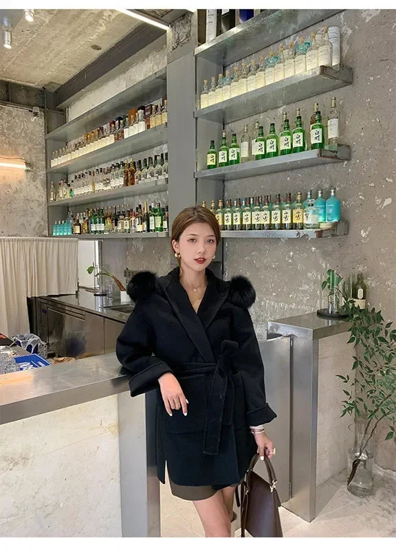 2024 Luxury Loose  Autumn Winter Fox Fur Collar Hooded Wool Cashmere Coat Women's Mid-length Woolen Jacket Outerwear Streetwear
