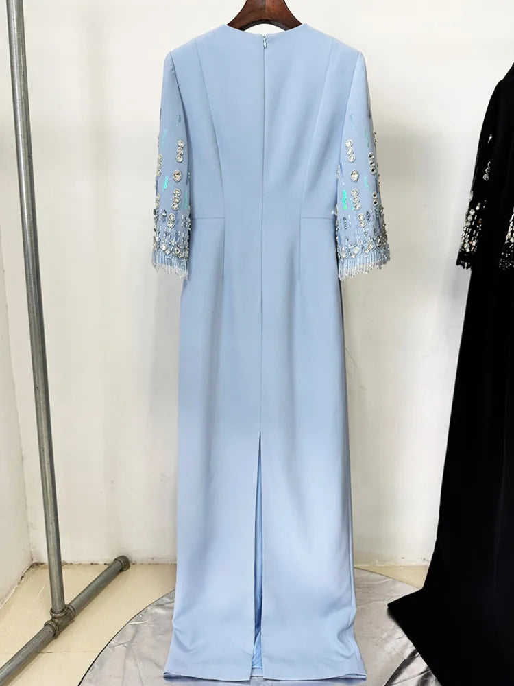 Eshin Women's Light Blue Embellished Maxi Dress Elegant Round Neck Formal Evening Gown Three Quarter Sleeve Beaded SA21