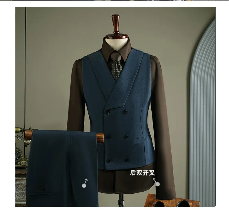 High Quality Mens Suit Formal Business Slim Fit Double-breasted Striped Suit Set Groom Wedding Dress Party Tuxedo Men's Clothing