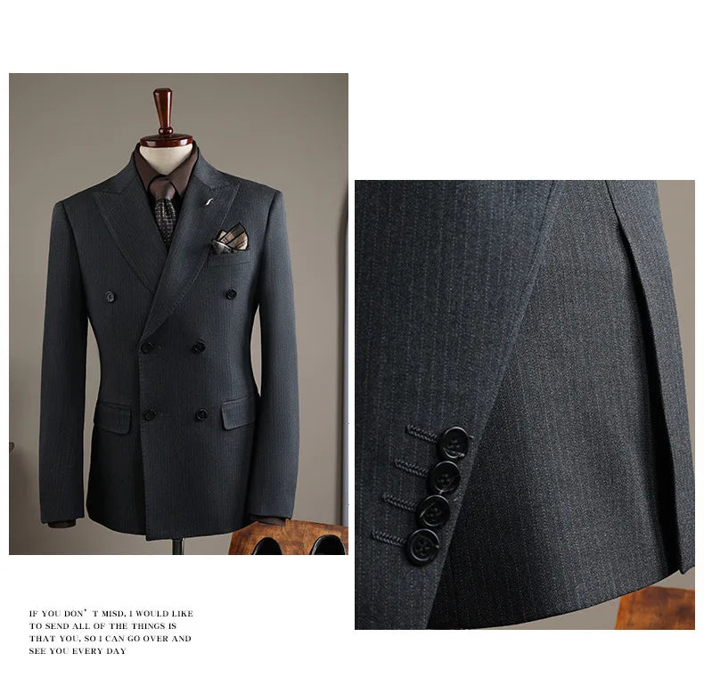 High Quality Mens Suit Formal Business Slim Fit Double-breasted Striped Suit Set Groom Wedding Dress Party Tuxedo Men's Clothing
