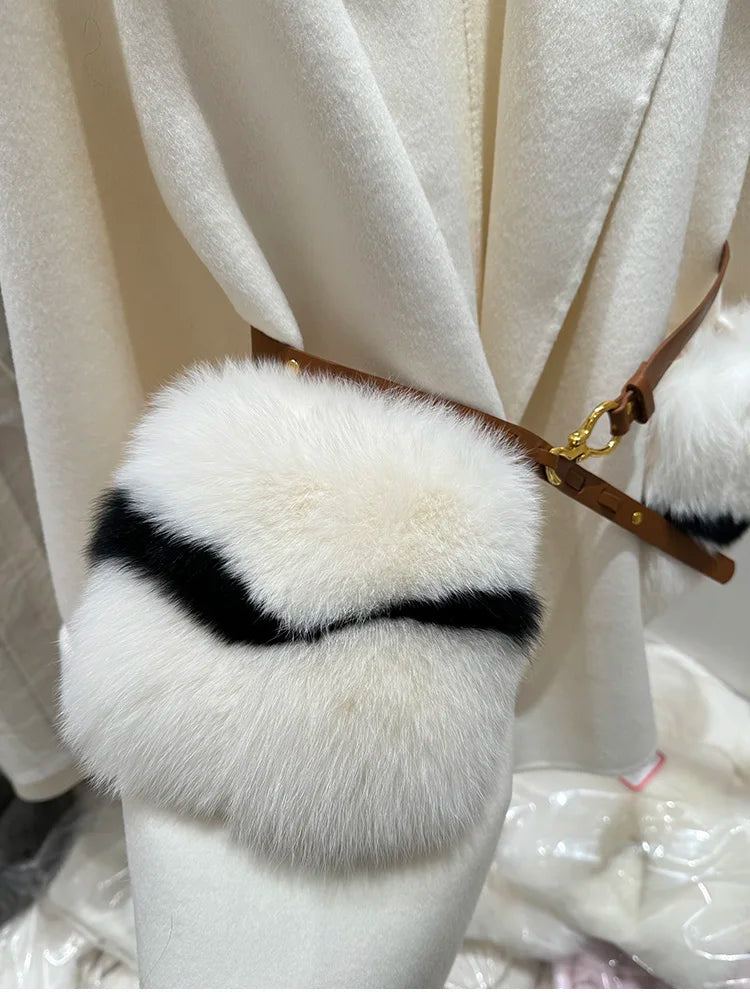 2025 New Women Winter Cashmere Wool Woolen Jacket Real Natural Fox Fur Pocket Coat Ladies Outwear Luxury Jacket