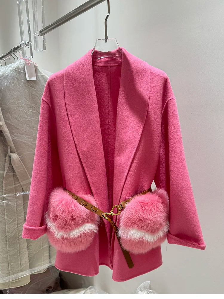 2025 New Women Winter Cashmere Wool Woolen Jacket Real Natural Fox Fur Pocket Coat Ladies Outwear Luxury Jacket