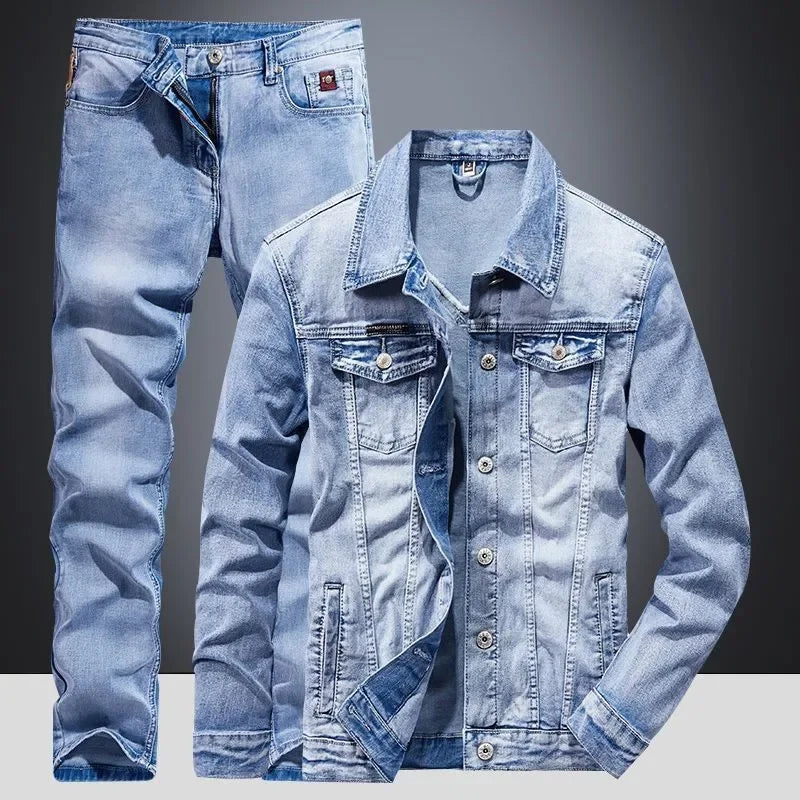Spring Autumn Men's Denim Suit Loose Fit Plus Size Korean Trendy Two-Piece Student Versatile Outerwear Casual Jacket