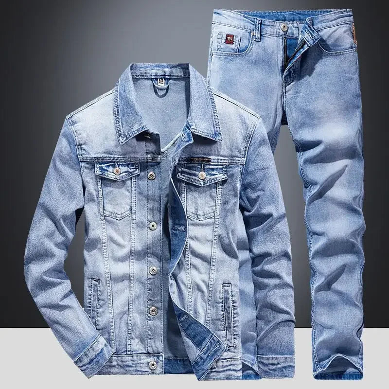 Spring Autumn Men's Denim Suit Loose Fit Plus Size Korean Trendy Two-Piece Student Versatile Outerwear Casual Jacket
