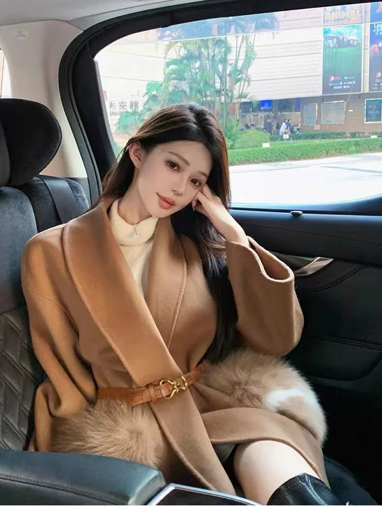 2025 New Women Winter Cashmere Wool Woolen Jacket Real Natural Fox Fur Pocket Coat Ladies Outwear Luxury Jacket