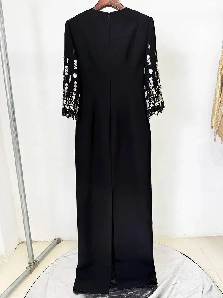 Eshin Women's Light Blue Embellished Maxi Dress Elegant Round Neck Formal Evening Gown Three Quarter Sleeve Beaded SA21