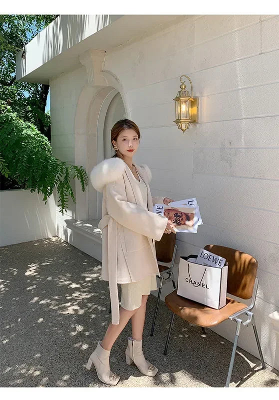 2024 Luxury Loose  Autumn Winter Fox Fur Collar Hooded Wool Cashmere Coat Women's Mid-length Woolen Jacket Outerwear Streetwear