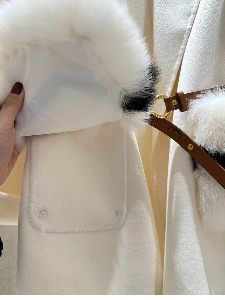 2025 New Women Winter Cashmere Wool Woolen Jacket Real Natural Fox Fur Pocket Coat Ladies Outwear Luxury Jacket